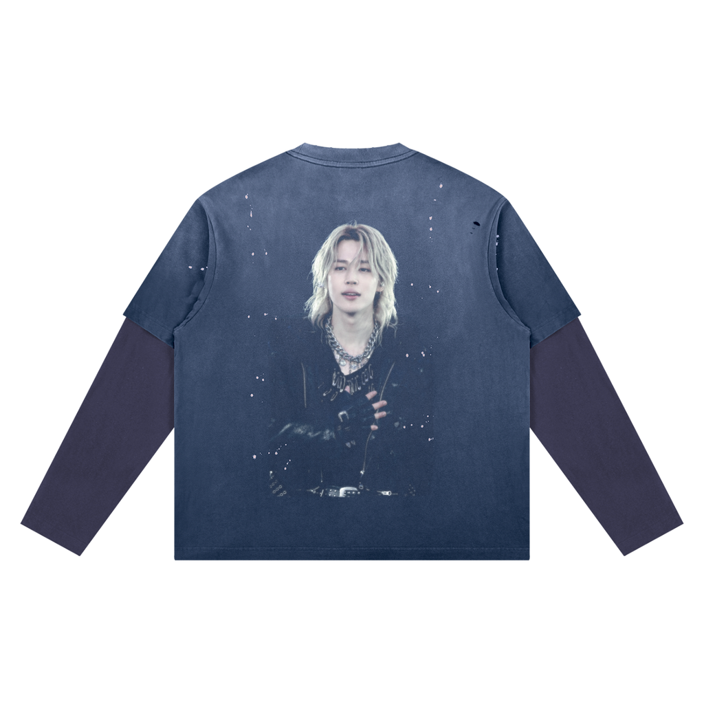 Jimin Vintage Wash Distressed Layered Long-Sleeve Oversized Heavyweight Cotton T-Shirt (Unisex)
