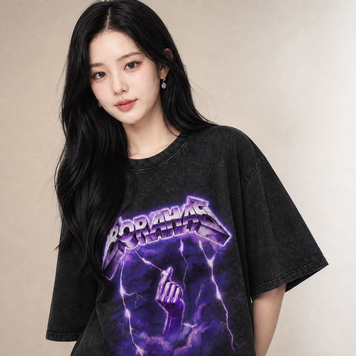 Borahae Heavy Metal Snow Washed Oversized Heavyweight Cotton T-Shirt (Unisex)
