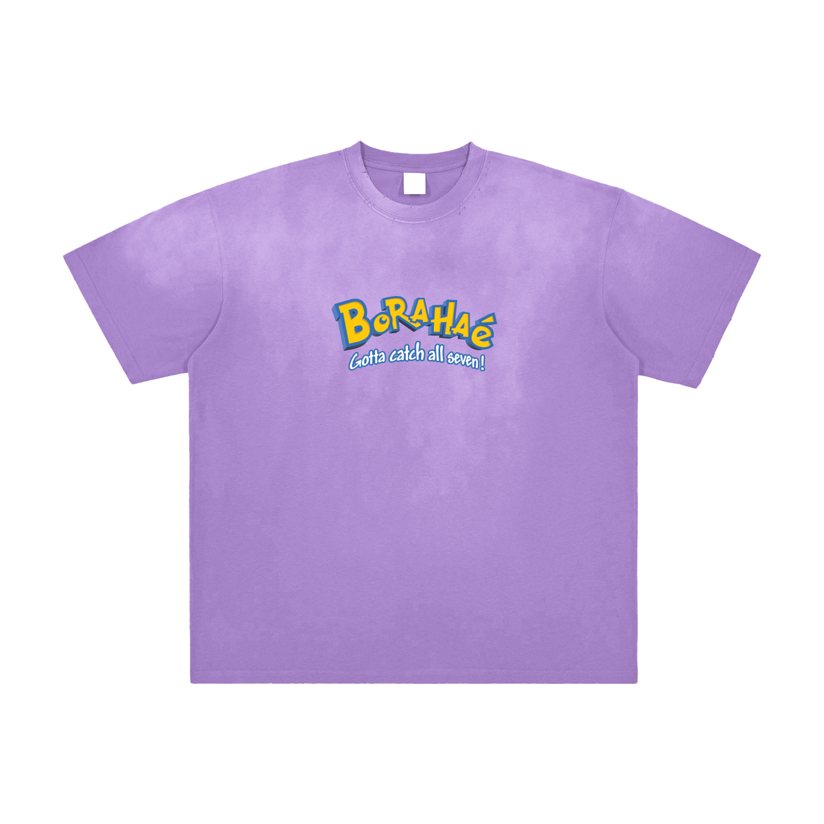 A light purple short-sleeve crewneck t-shirt with a colorful graphic on the chest that reads 'Borahae' in yellow and blue, with the phrase 'catch all love!' in light blue underneath, displayed on a solid white background.