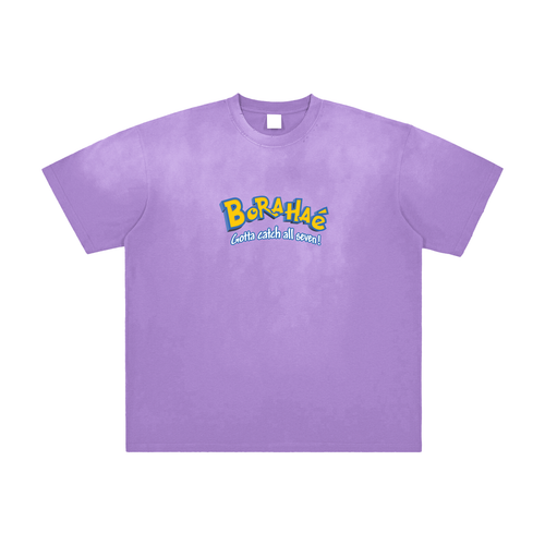 A light purple short-sleeve crewneck t-shirt with a colorful graphic on the chest that reads 'Borahae' in yellow and blue, with the phrase 'catch all love!' in light blue underneath, displayed on a solid white background.