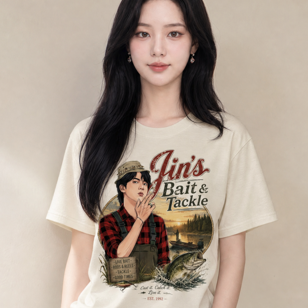 Jin's Bait & Tackle Fishing Oversized Heavyweight Earth Tone T-Shirt (Unisex)