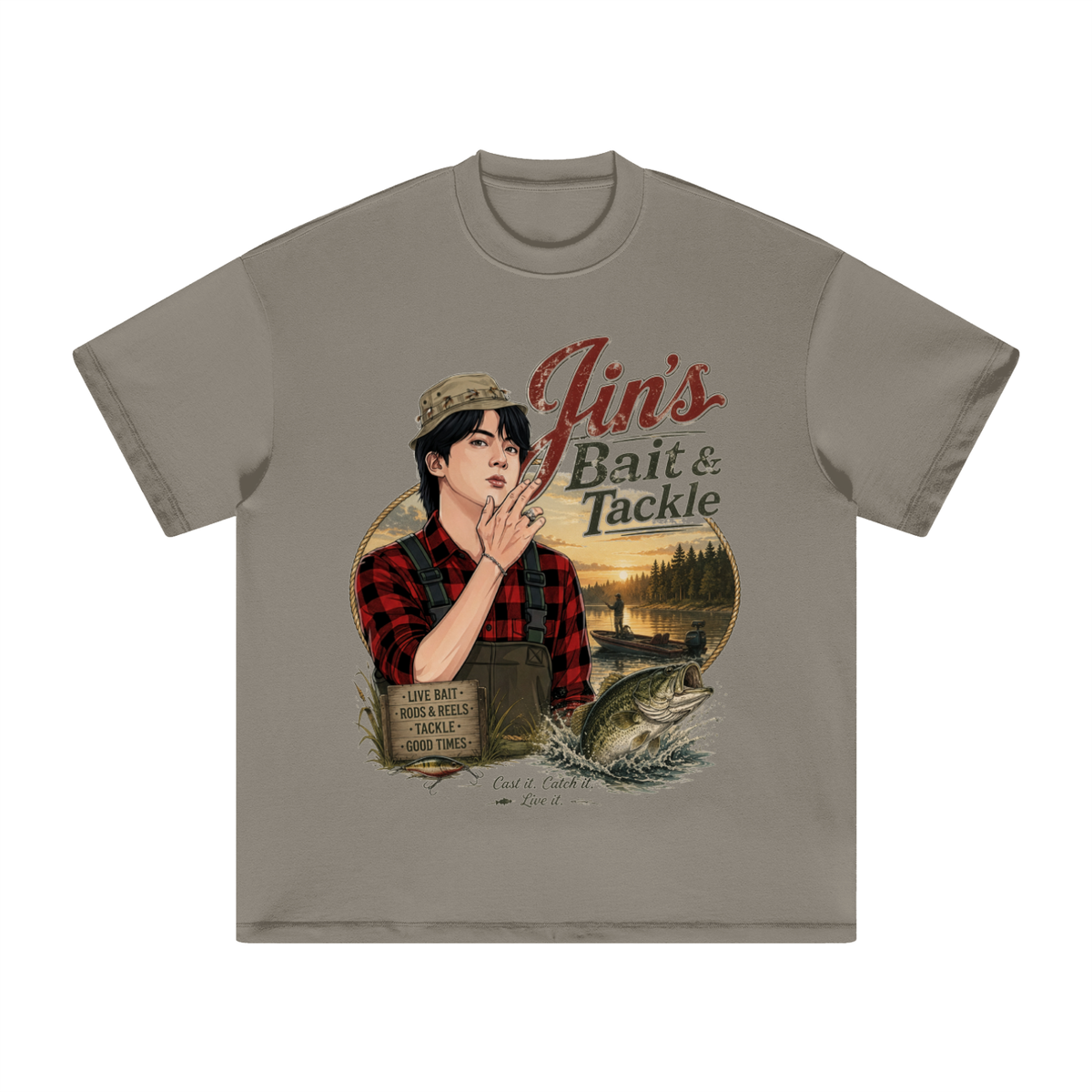 Jin's Bait & Tackle Fishing Oversized Heavyweight Earth Tone T-Shirt (Unisex)