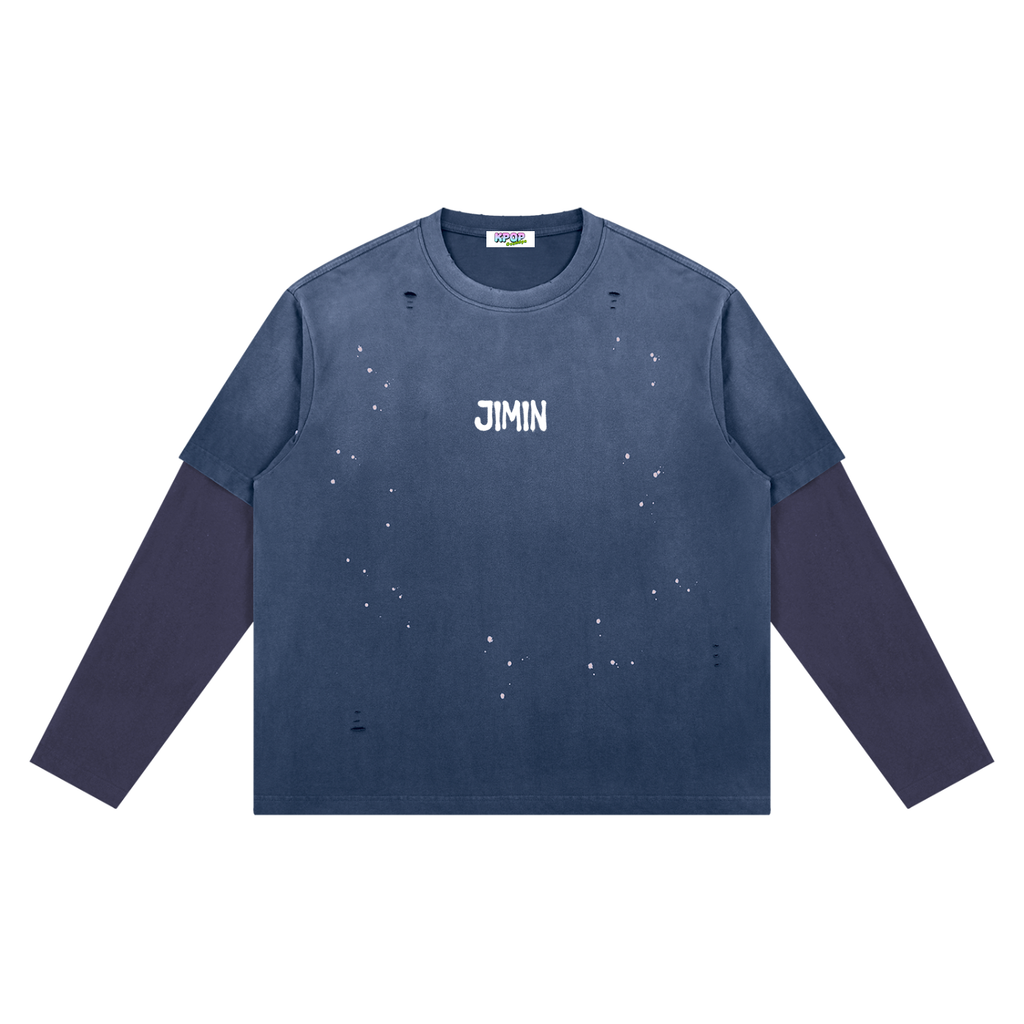 Jimin Vintage Wash Distressed Layered Long-Sleeve Oversized Heavyweight Cotton T-Shirt (Unisex)